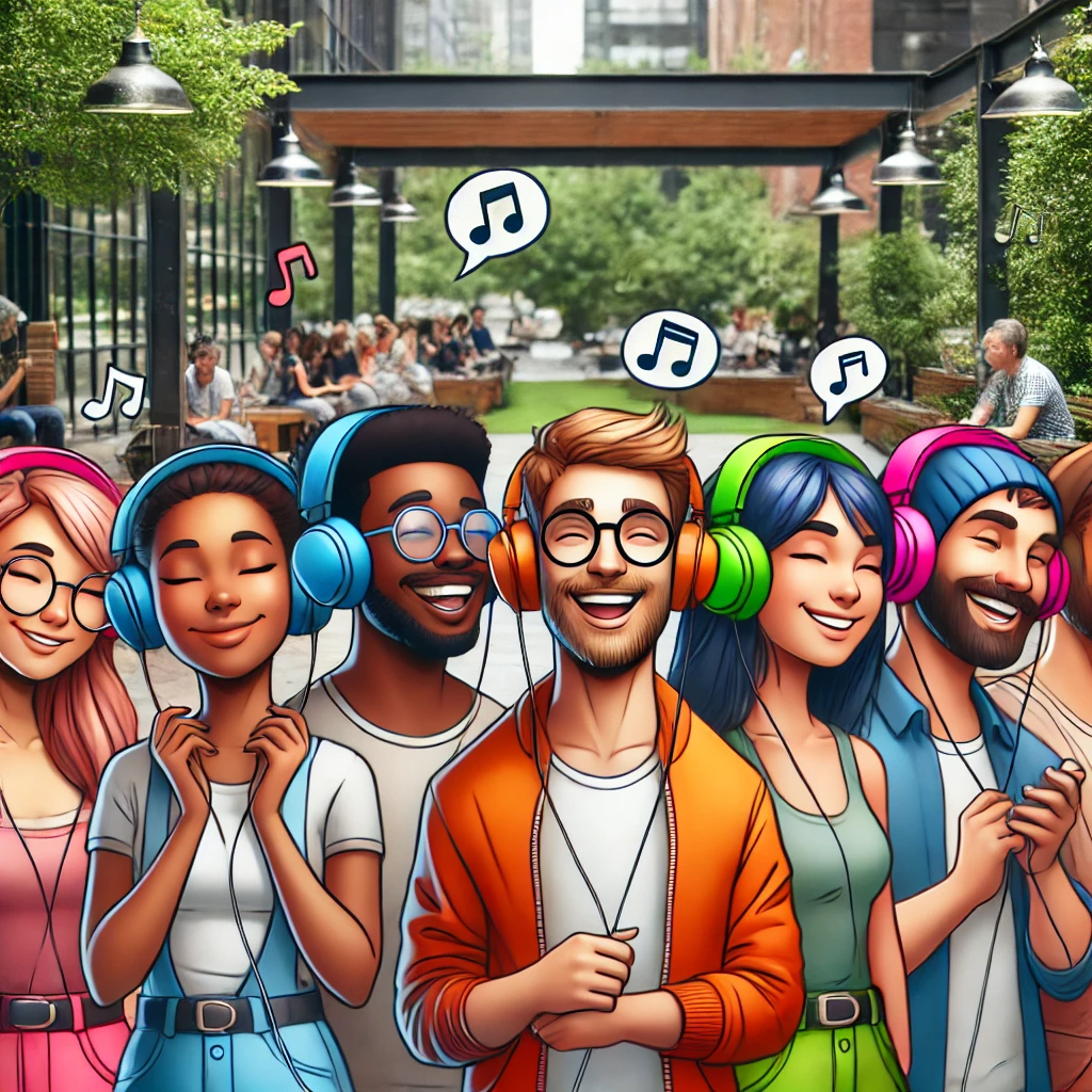 cartoon person listening to music through headphones